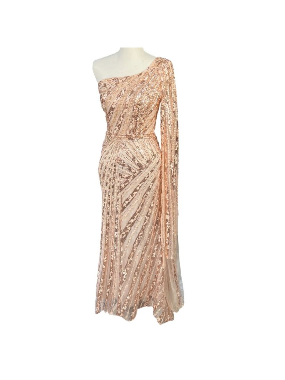 Mac Duggal NWT Rose Gold One Shoulder Cape Sleeve Sequin Beaded Gown Size 4